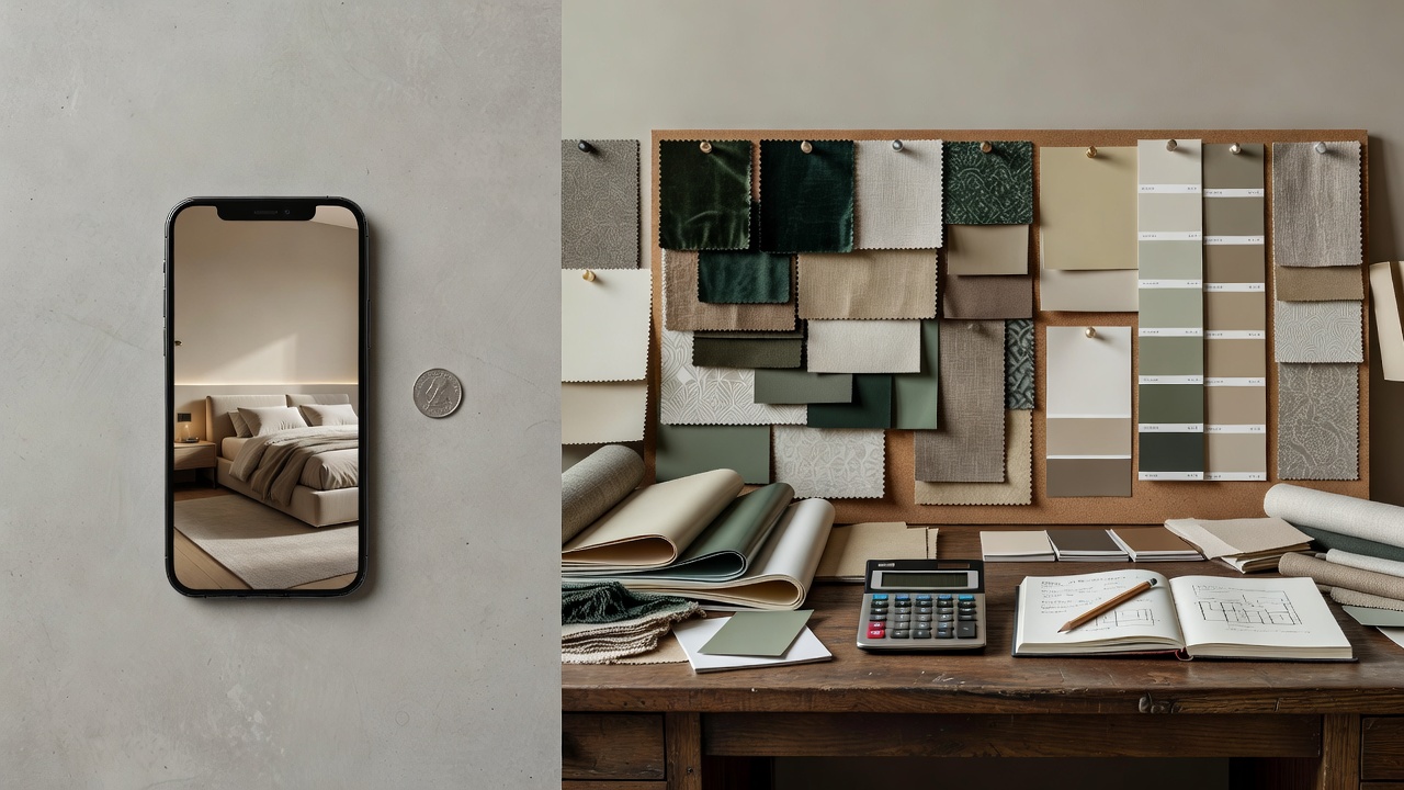 Escena dividida que compara un dormitorio rediseñado con IA económico en un móvil con el moodboard caro y muestras de tela de un diseñador, ilustrando el ahorro del diseño de interiores con IA