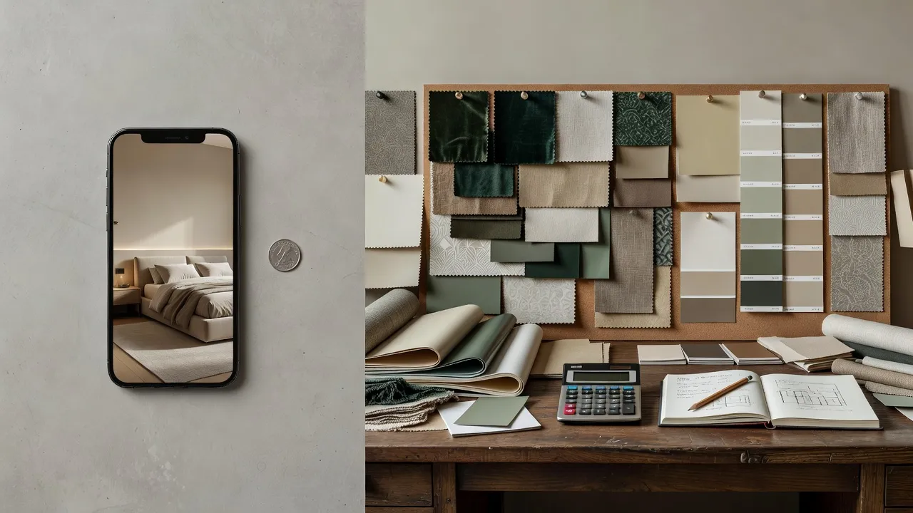 Geteilte Szene, die ein günstiges, von KI neu gestaltetes Schlafzimmer auf einem Handy mit dem teuren Moodboard und Stoffmustern eines Designers vergleicht und die Kostenersparnis der KI-Innenarchitektur zeigt