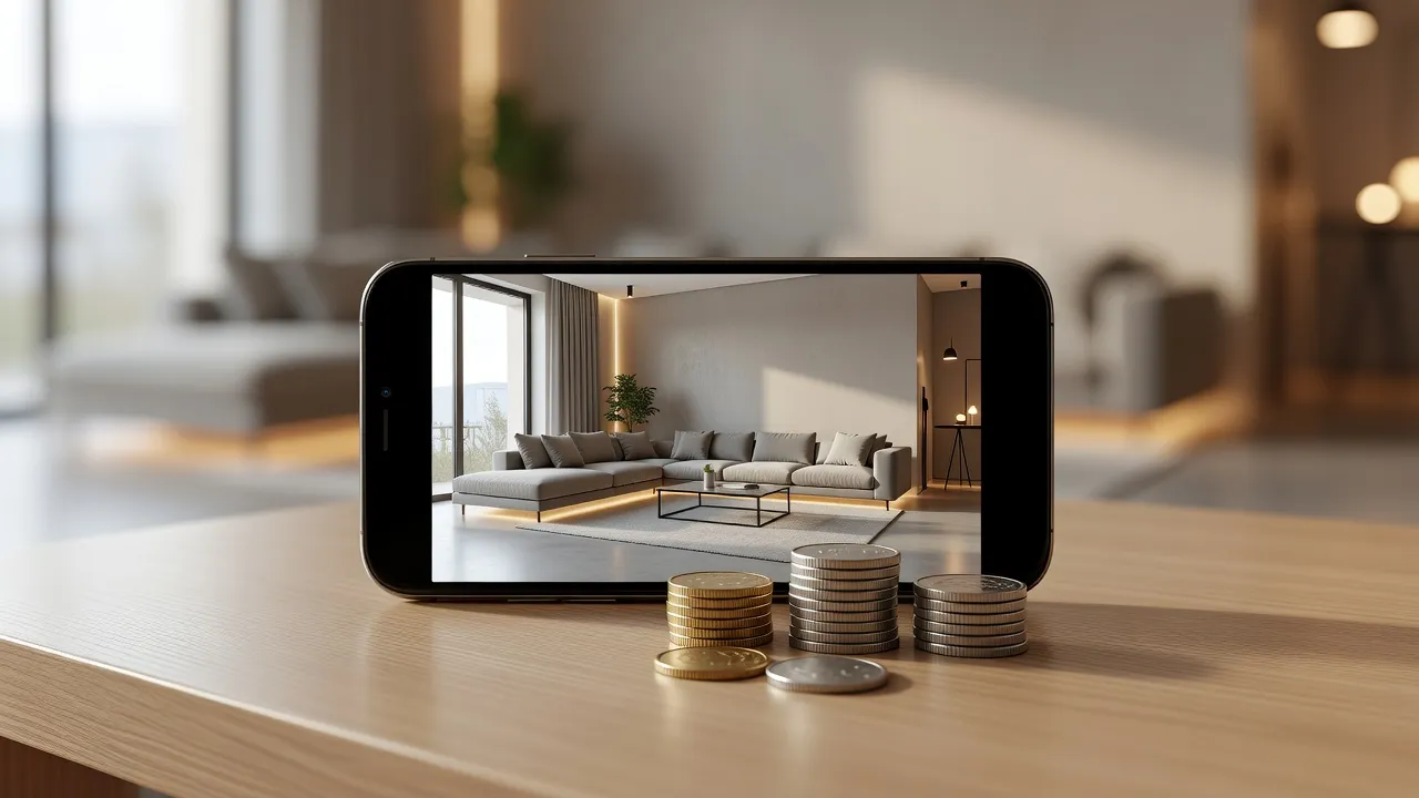 Ein fotorealistisch von KI neu gestaltetes Wohnzimmer auf einem Smartphone neben ein paar Münzen, das die niedrigen Kosten der KI-Innenarchitektur zeigt