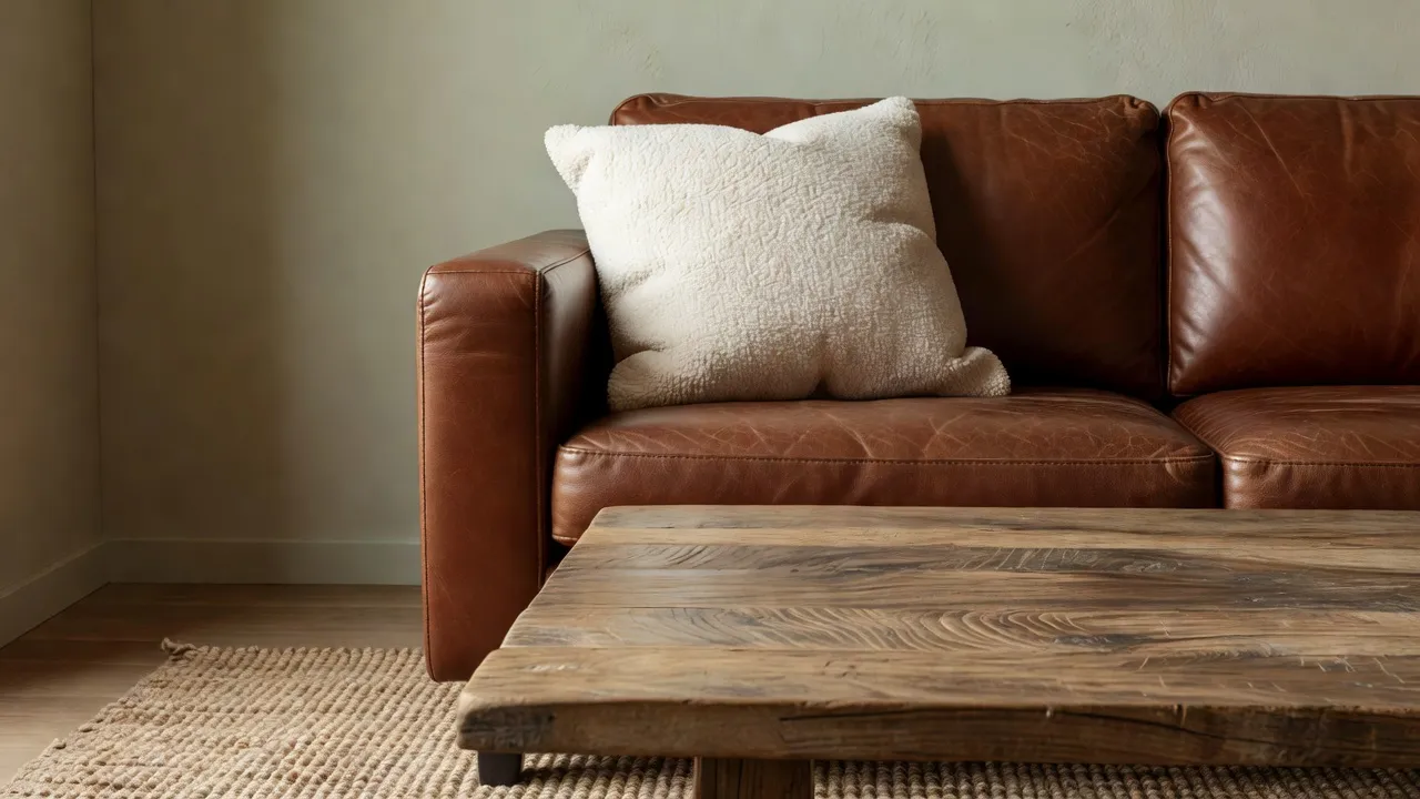 Primo piano di un divano in pelle marrone e un tavolino in legno esistenti abbinati a un nuovo tappeto e a un nuovo colore delle pareti in un rifacimento di design d'interni IA