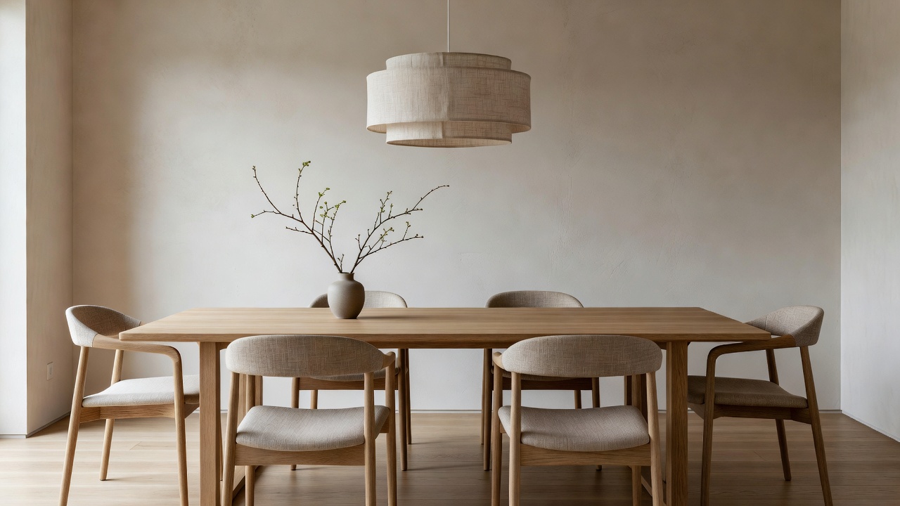 Esempio di sala da pranzo in stile Japandi con design d'interni IA, tavolo in legno chiaro e decorazioni neutre e calme