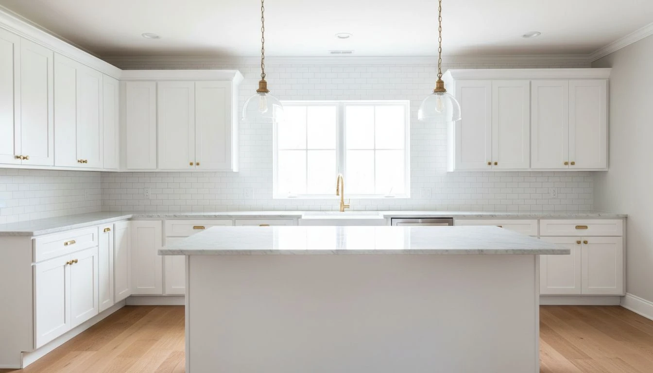 Anteprima ristrutturazione cucina con design d'interni IA con armadi bianchi, piani in marmo e illuminazione moderna