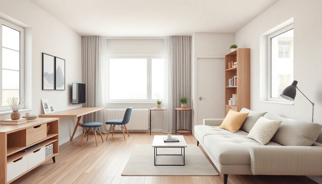 Monolocale piccolo con design d'interni IA, mobili salvaspazio e luce naturale brillante