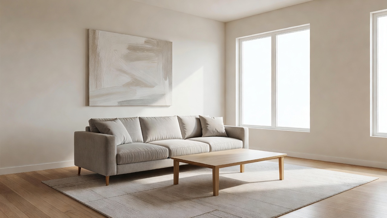 Esempio di staging virtuale con design d'interni IA che mostra un soggiorno luminoso arredato per foto d'annuncio immobiliare