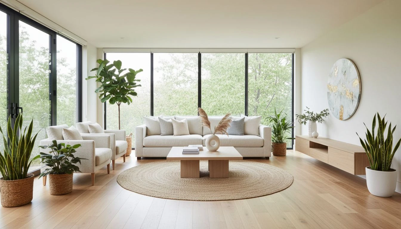 Immagine principale della FAQ sul design d'interni con IA che mostra un soggiorno moderno luminoso e accogliente con luce naturale