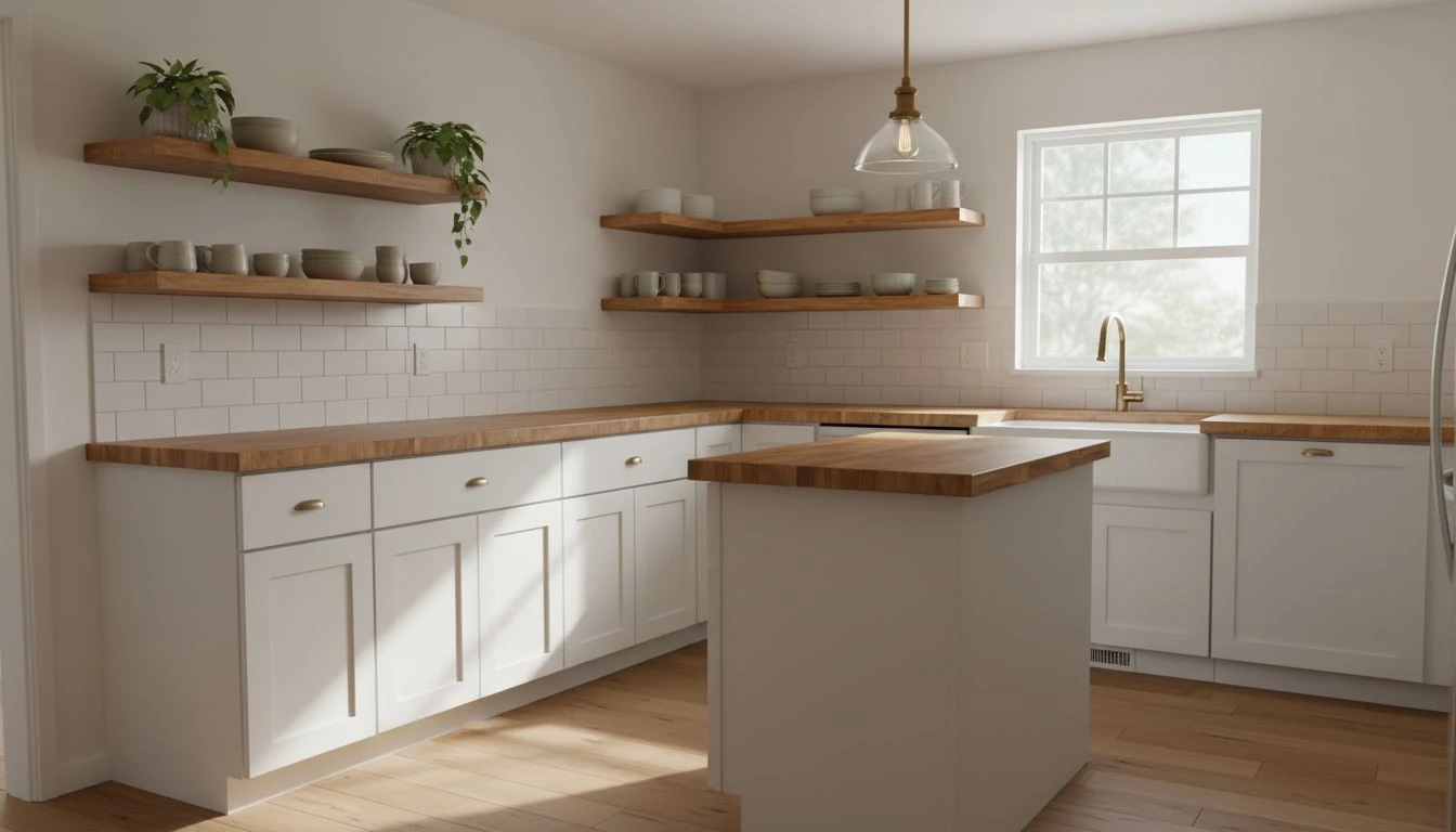AI design starter home kitchen with white shaker cabinets, butcher block counters, subway tile backsplash, and pendant lighting