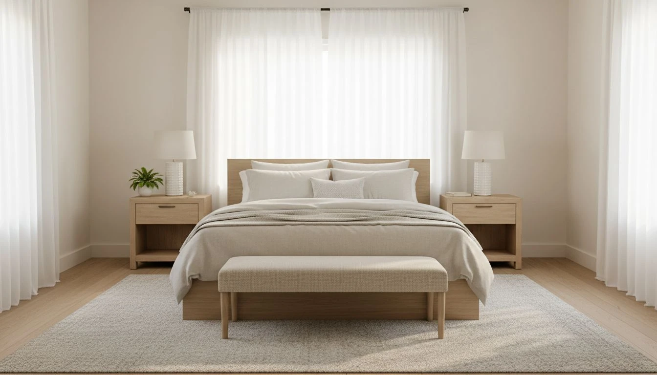 AI first home primary bedroom design with warm white walls, queen platform bed, simple nightstands, and soft morning light