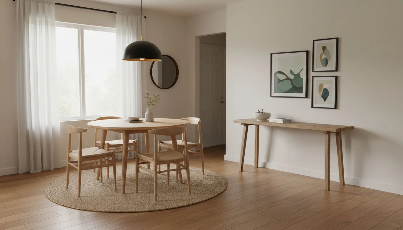 AI first home dining nook with round bistro table, pendant lighting, console table with bowl for keys, and warm wood floor