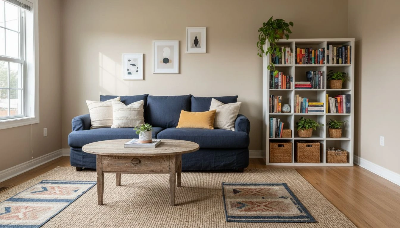 AI starter home living room design with mix of secondhand and new furniture, warm beige walls, navy sofa, and curated bookshelf