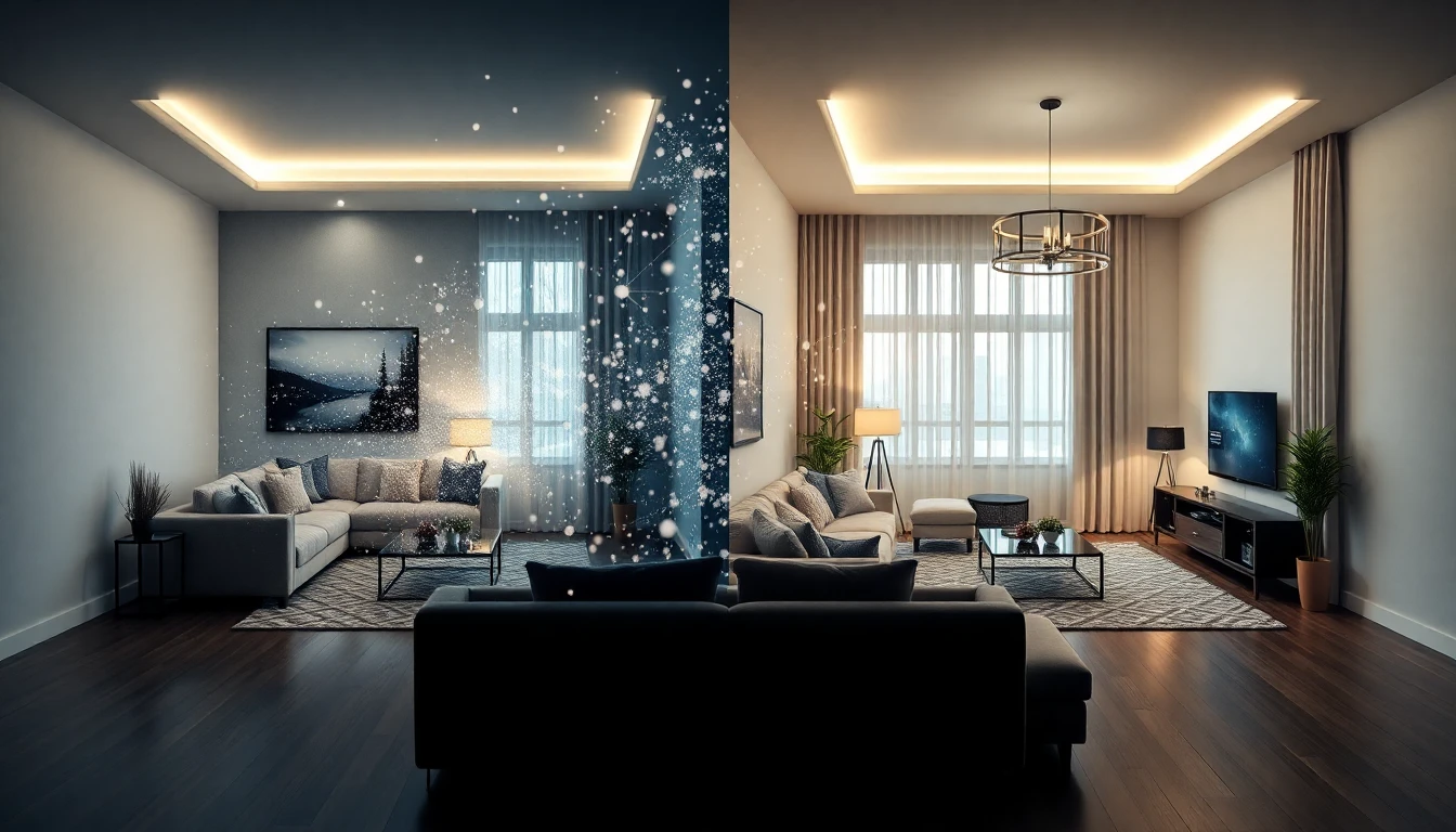 AI design generator from image showing the transformation process of a living room