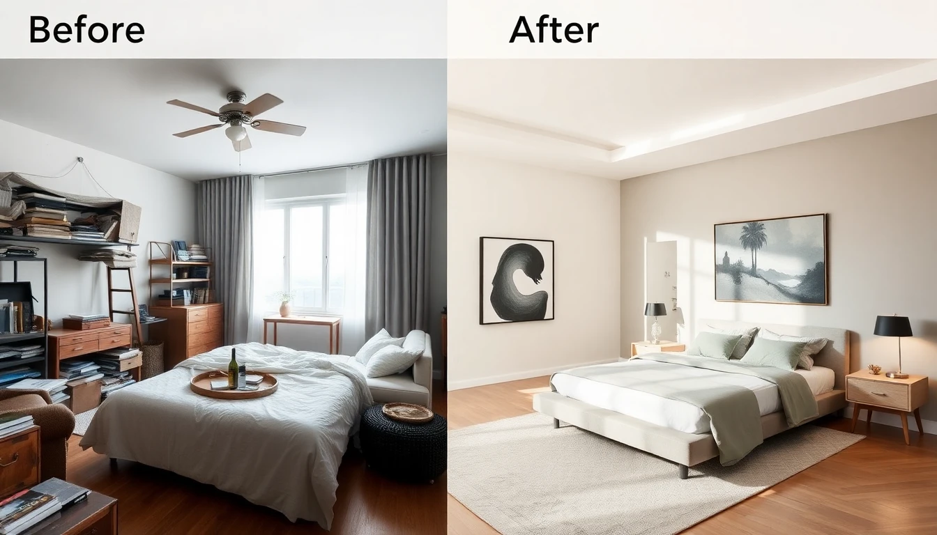 Interior AI before and after bedroom transformation showing dated room converted to modern minimalist design