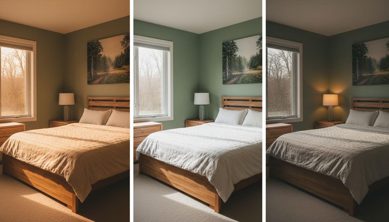 Same bedroom shown in different lighting conditions - golden hour, midday, and evening