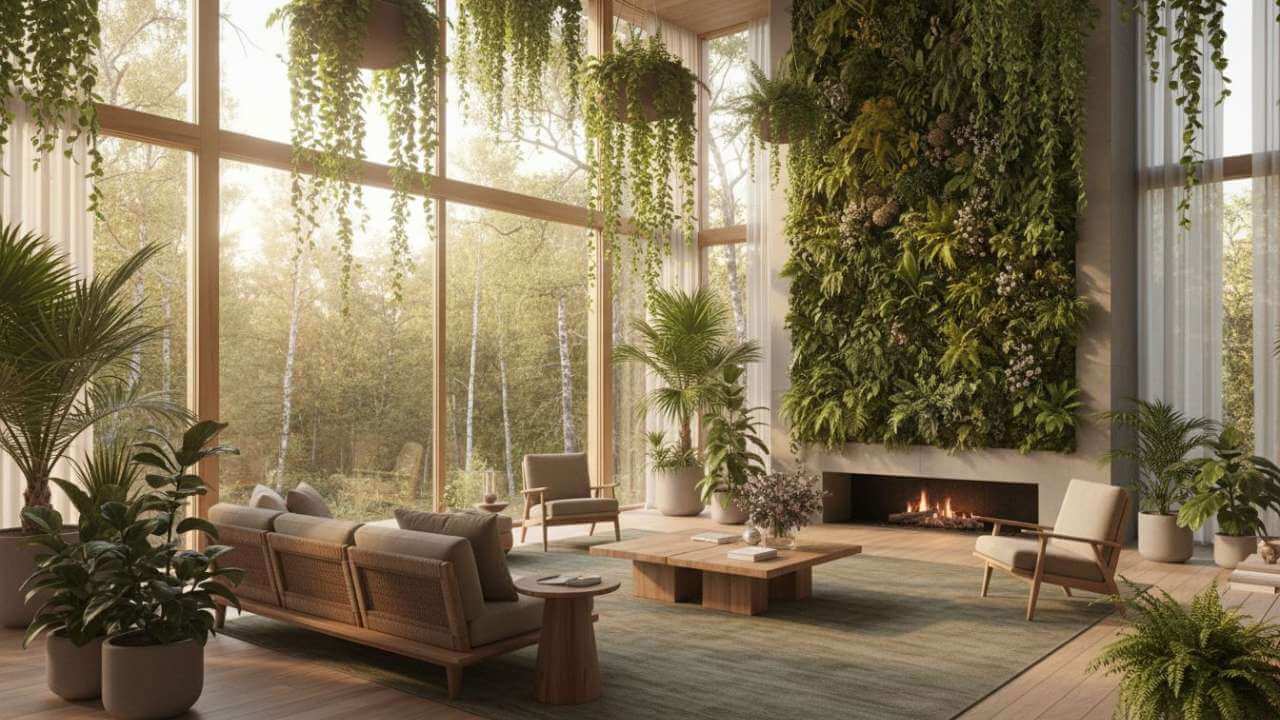 Futuristic biophilic living room design with vertical gardens and sustainable wood