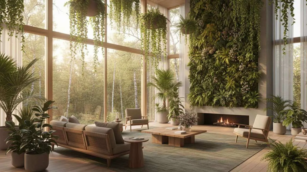 Futuristic biophilic living room design with vertical gardens and sustainable wood
