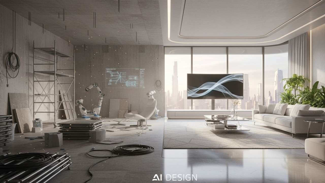 Split screen showing raw construction site vs AI designed modern living room