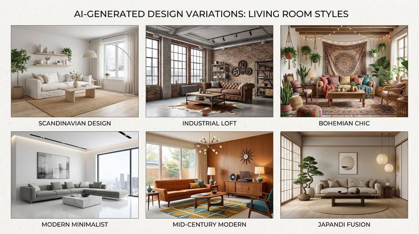 Grid showing 6 different AI-generated design styles for the same room