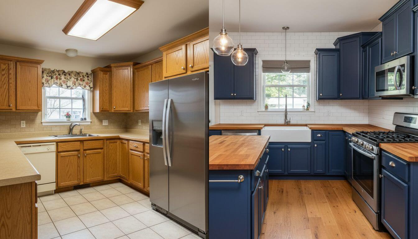 Kitchen before and after AI remodel showing old oak cabinets transformed to modern navy blue