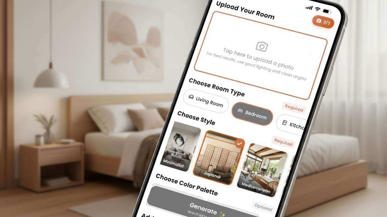 DecorAI mobile app interface selecting Japandi style for a bedroom design