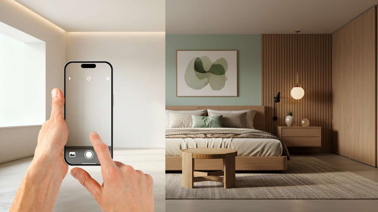 Step by step process showing how AI interior design works from photo upload to final render