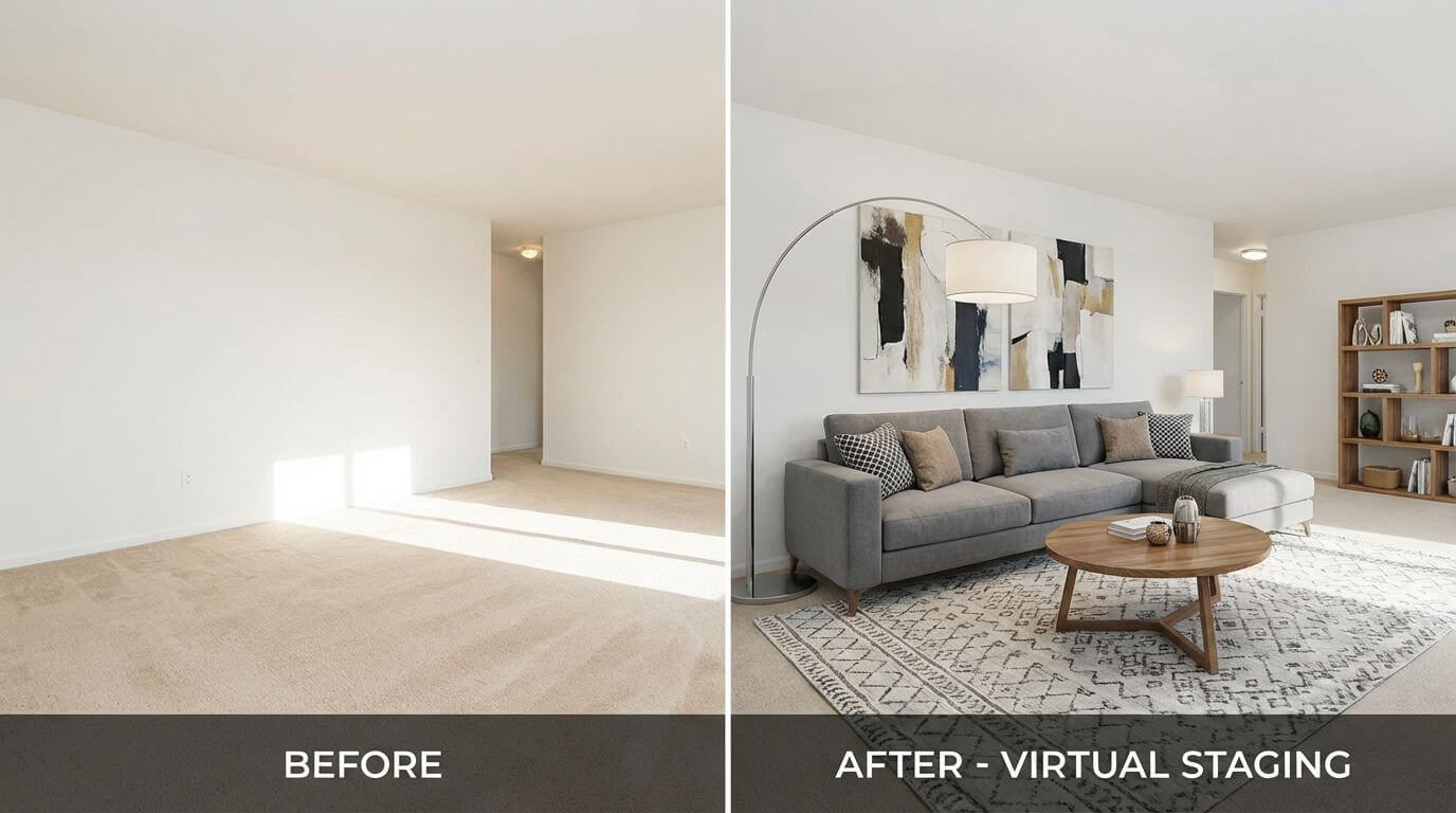Before and after virtual staging showing empty room transformed with AI furniture