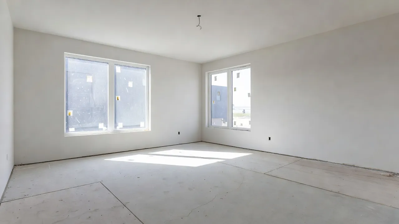 Uma sala de estar fotorrealista, vazia, de construção nova, com paredes brancas nuas, janelas grandes novas e pavimento por acabar, pronta a ser mobilada com design de interiores com IA