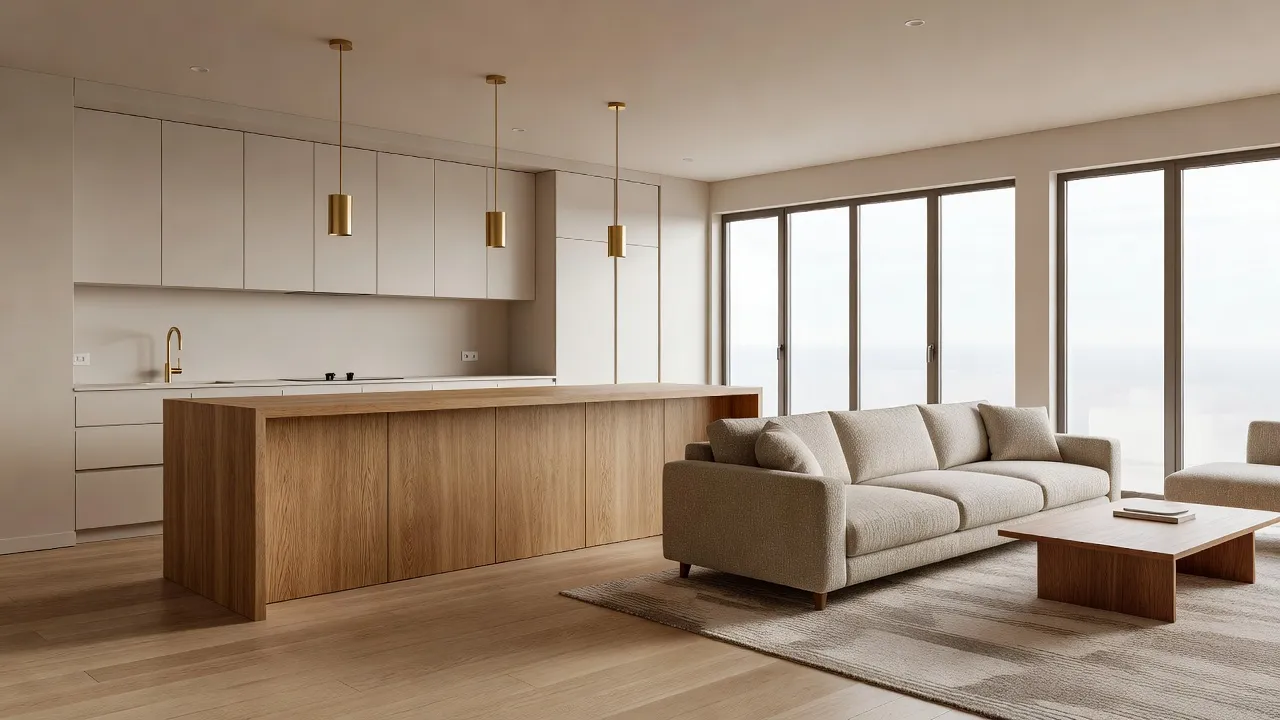 Uma cozinha e sala de estar em open-space de construção nova, fotorrealista, mobilada num estilo moderno e quente, com uma ilha, iluminação suspensa e um sofá neutro, criada com design de interiores com IA