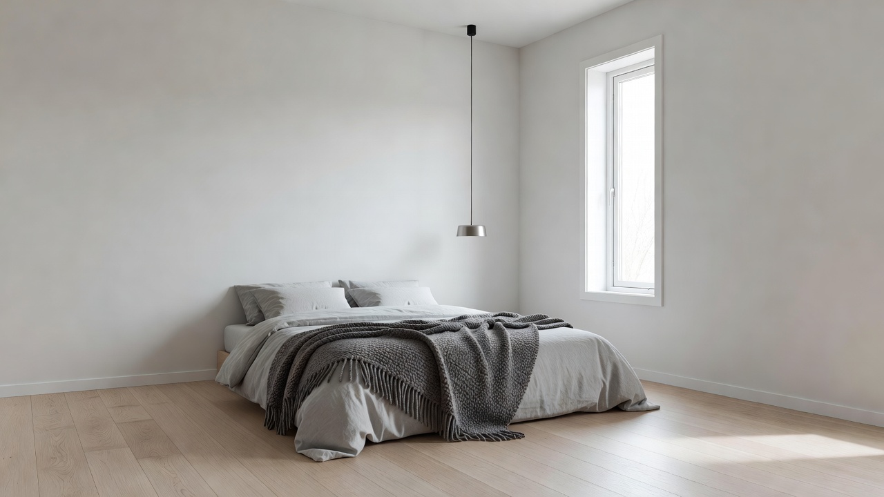 Scandinavian style bedroom with light oak floors, white walls and soft grey bedding generated from a specific AI interior design prompt