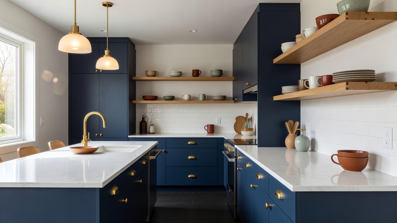 Modern kitchen with matte navy cabinets, brass hardware and white quartz counters, the result of a detailed AI interior design prompt