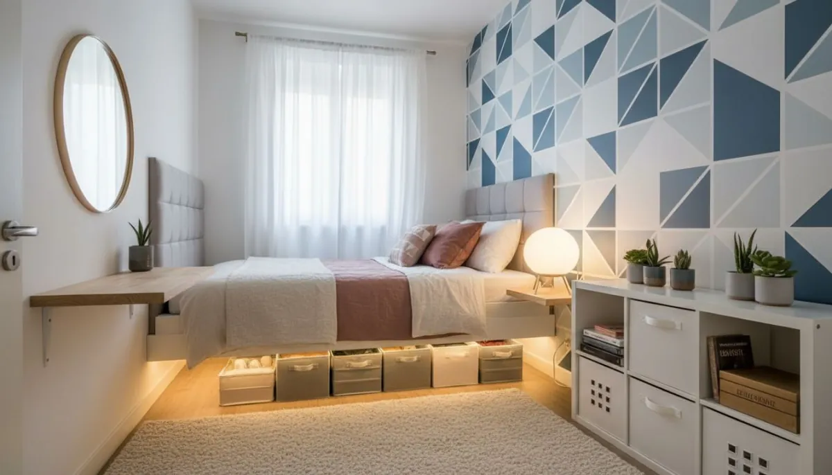 AI interior design renters bedroom no-renovation makeover with removable accents and soft lighting