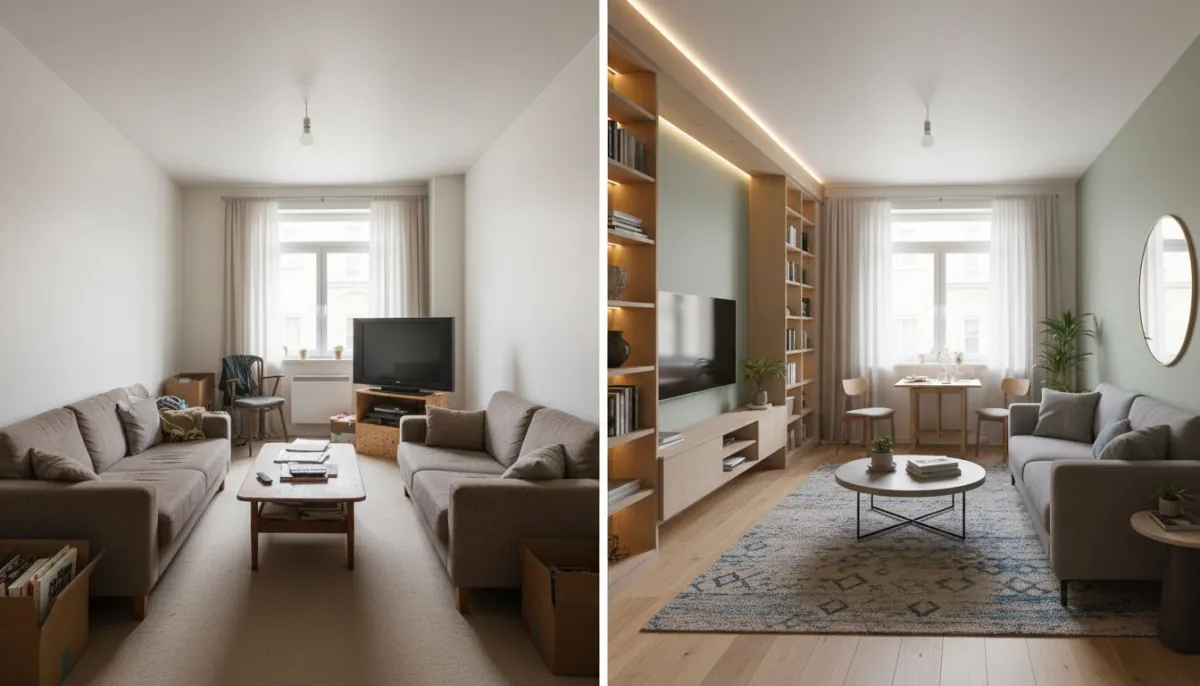 AI interior design renters before after comparison with no-renovation apartment transformation