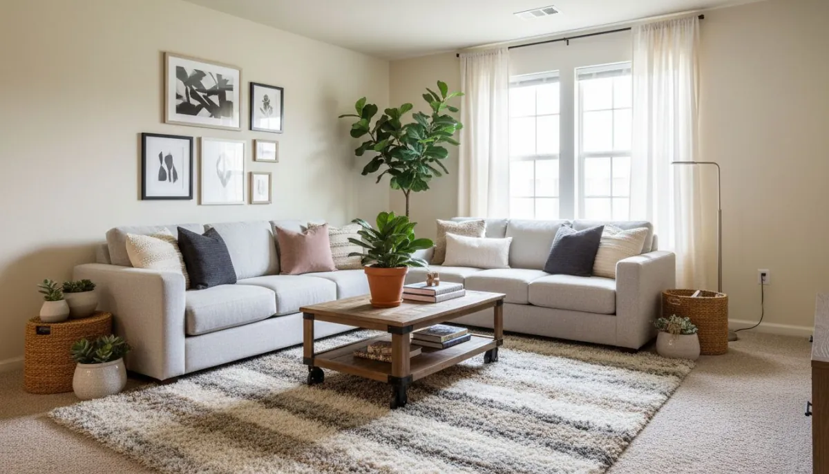 AI interior design renters living room with removable upgrades and modern decor plan