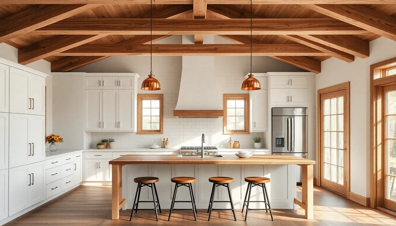 AI design assistant transforming a dated kitchen into a modern farmhouse style with white cabinets and warm wood accents