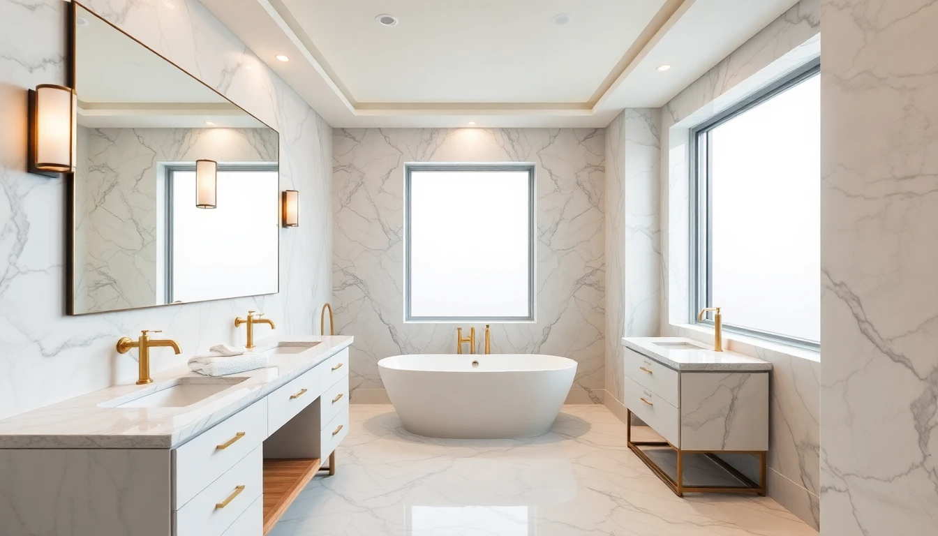 AI interior design software rendering of a luxurious spa-inspired bathroom with marble tiles and gold fixtures