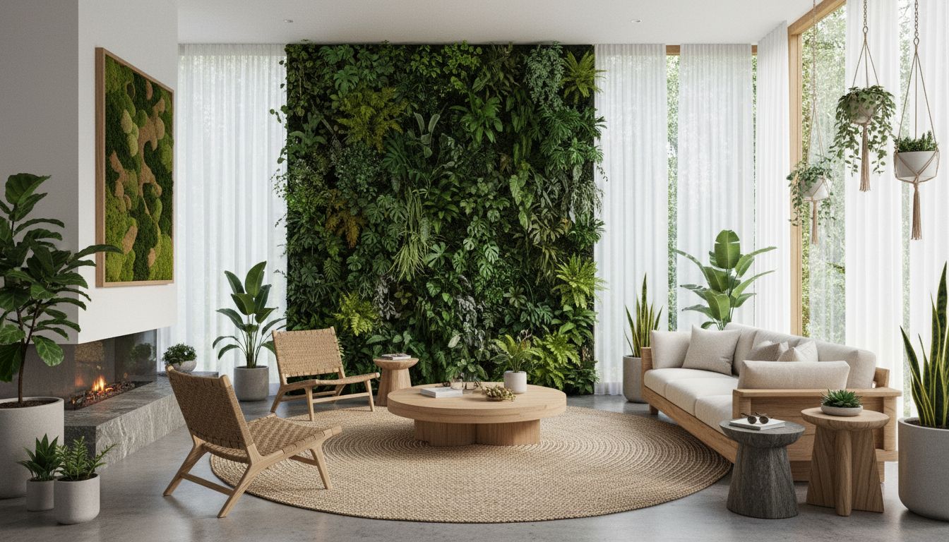 Biophilic living room design with indoor plants natural wood vertical garden and abundant natural light