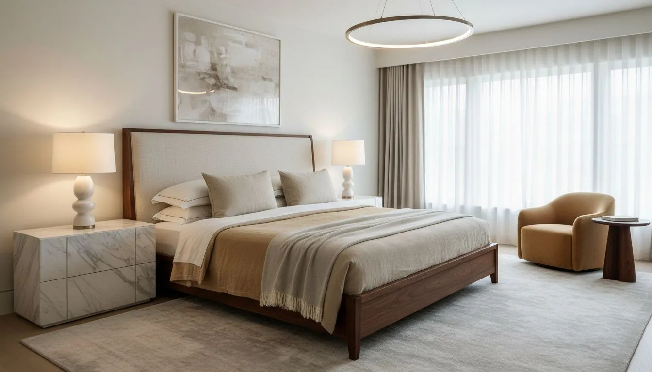 Quiet luxury bedroom with high quality neutral bedding marble accents and sophisticated understated design