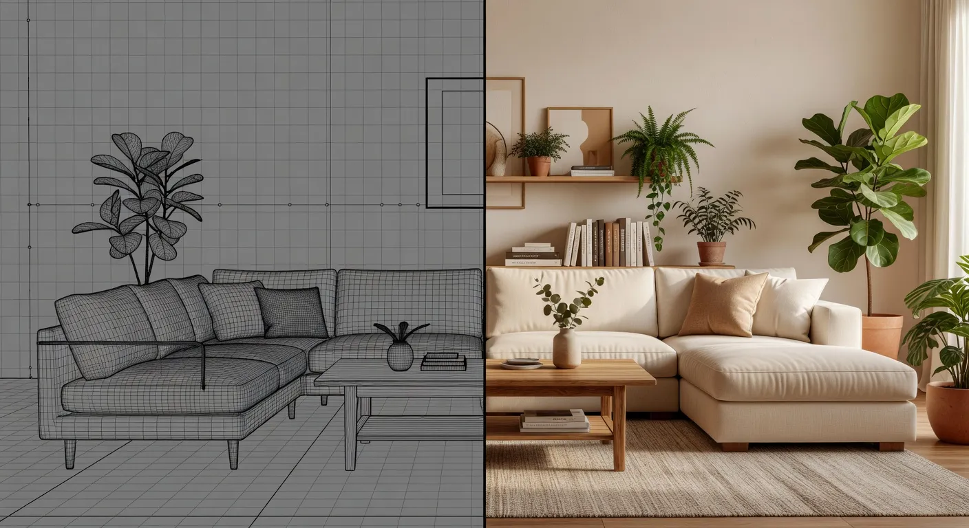 Side by side of the same living room shown as a 3D wireframe render versus a photorealistic AI redesign by DecorAI