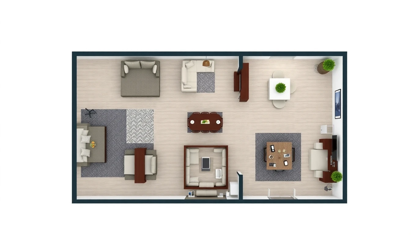 AI design floor plan showing modern apartment layout with optimized furniture placement and open concept design