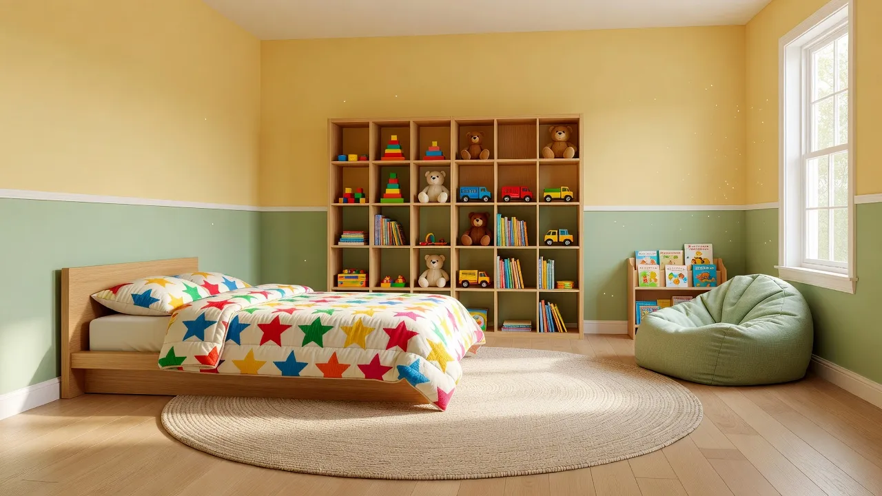 A photorealistic bright children's bedroom with a low platform bed, star-print quilt, open cube shelving with toys, and a window reading nook, designed with ai kids room design