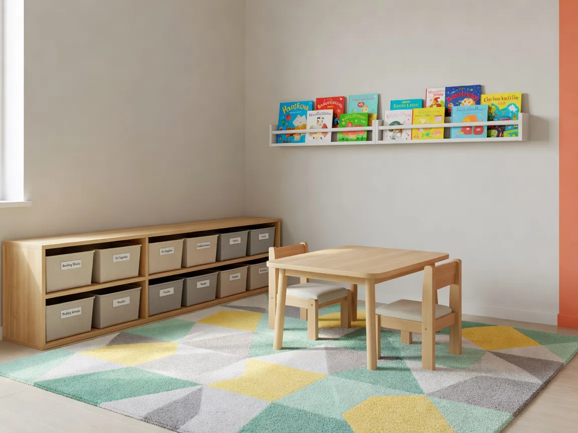 A tidy playroom corner with low open shelving, labeled toy bins, a child-size table and chairs, and a wall-mounted bookshelf, designed with ai kids room design tools