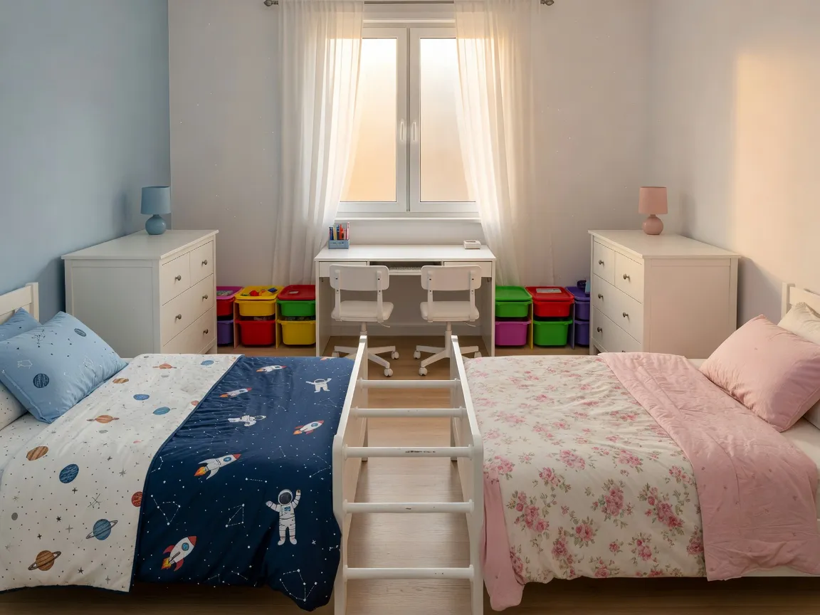A shared kids bedroom with twin beds, one side decorated in blue with space-themed bedding and the other in pink with floral bedding, planned with ai kids room design