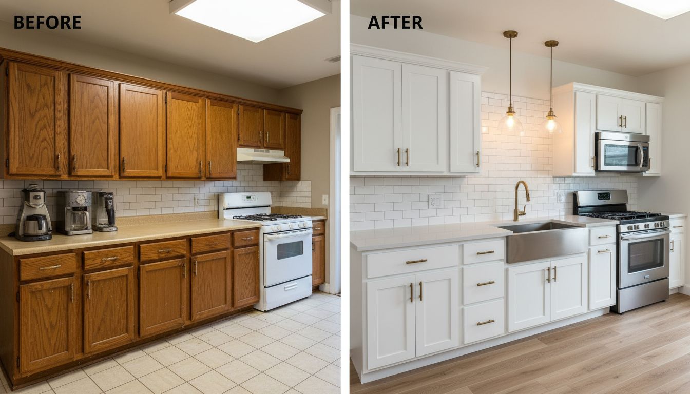 Kitchen transformation achieved with paint, new hardware, and backsplash without replacing cabinets