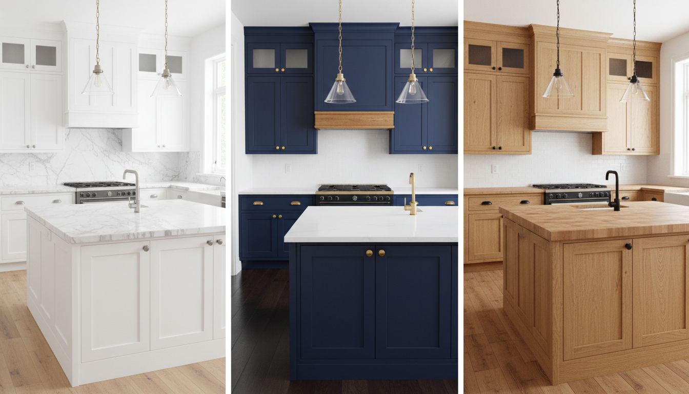 Side-by-side comparison showing same kitchen with white, navy, and natural wood cabinets
