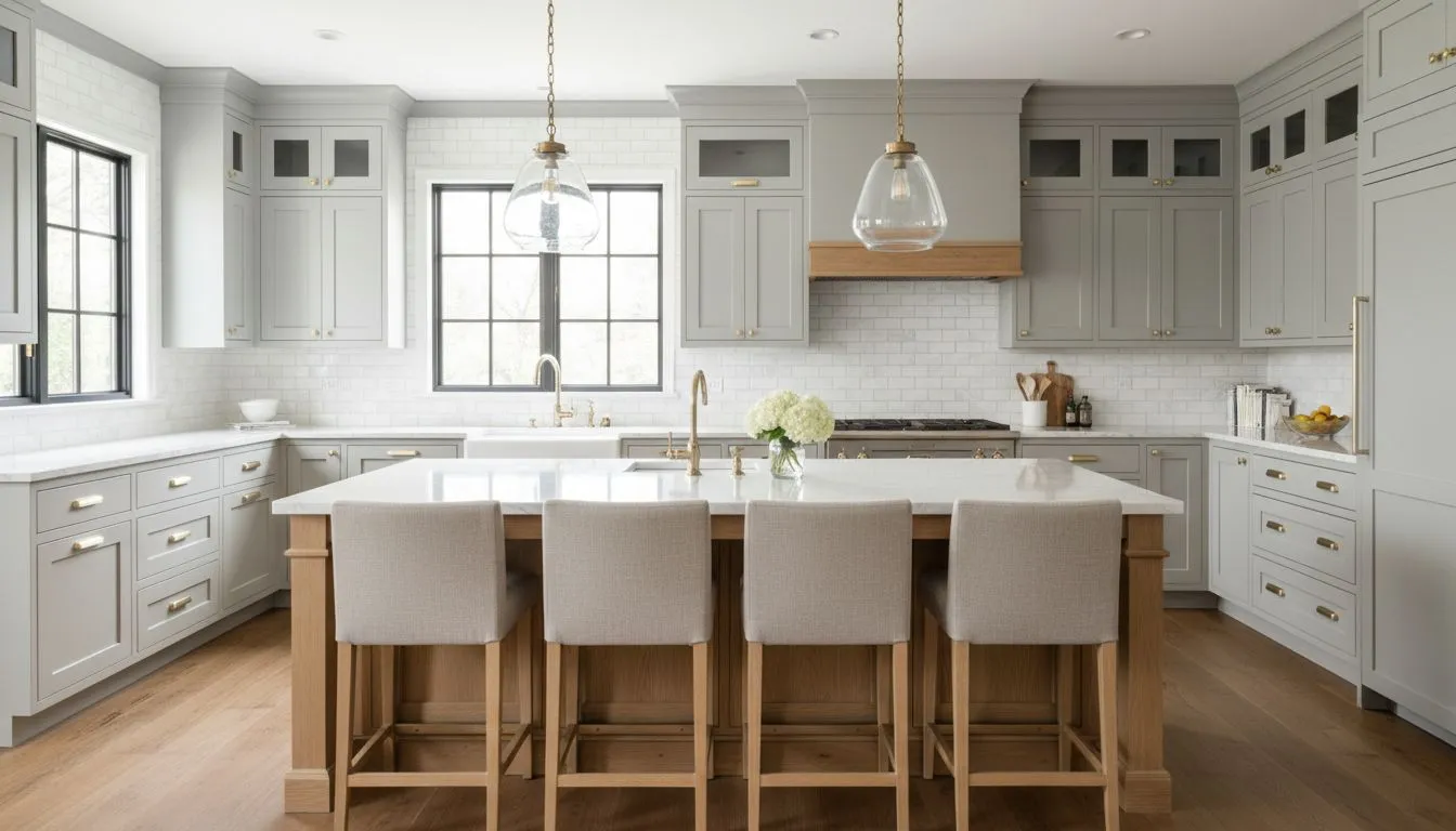 Transitional kitchen design with shaker cabinets, marble countertops, and classic subway tile