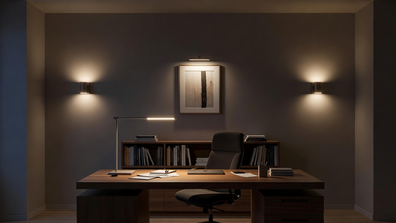 Un home office di notte con tre strati di illuminazione: una lampada funzionale luminosa sulla scrivania, applique calde d'ambiente e una luce d'accento sopra una libreria