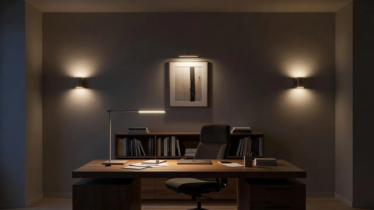 A home office at night showing three lighting layers: a bright task lamp on the desk, warm ambient wall sconces, and an accent picture light above a bookshelf