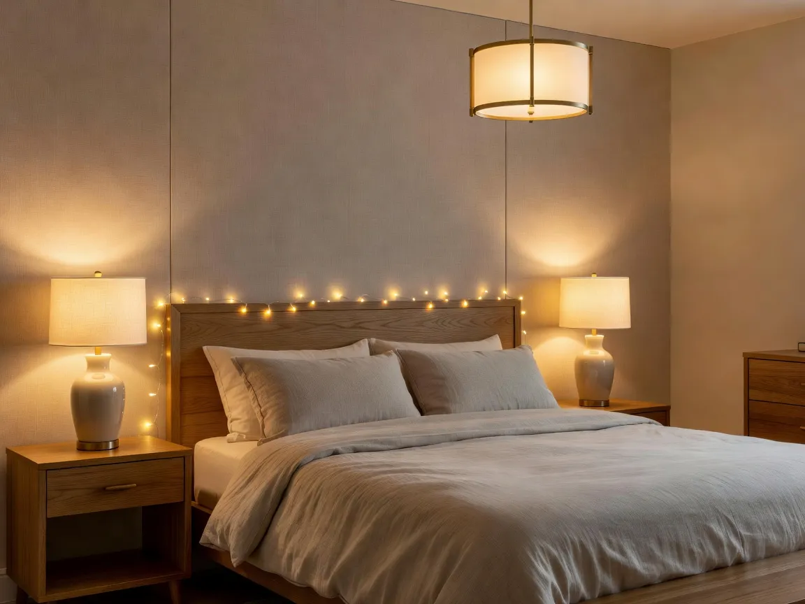 A warm, dimly lit bedroom at night with matching ceramic table lamps on nightstands and a dimmed statement pendant light