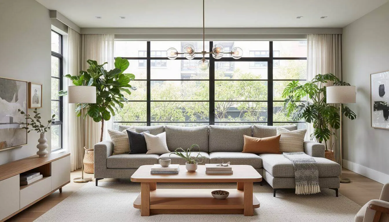 Stunning modern AI-designed living room with perfect balance of comfort and style