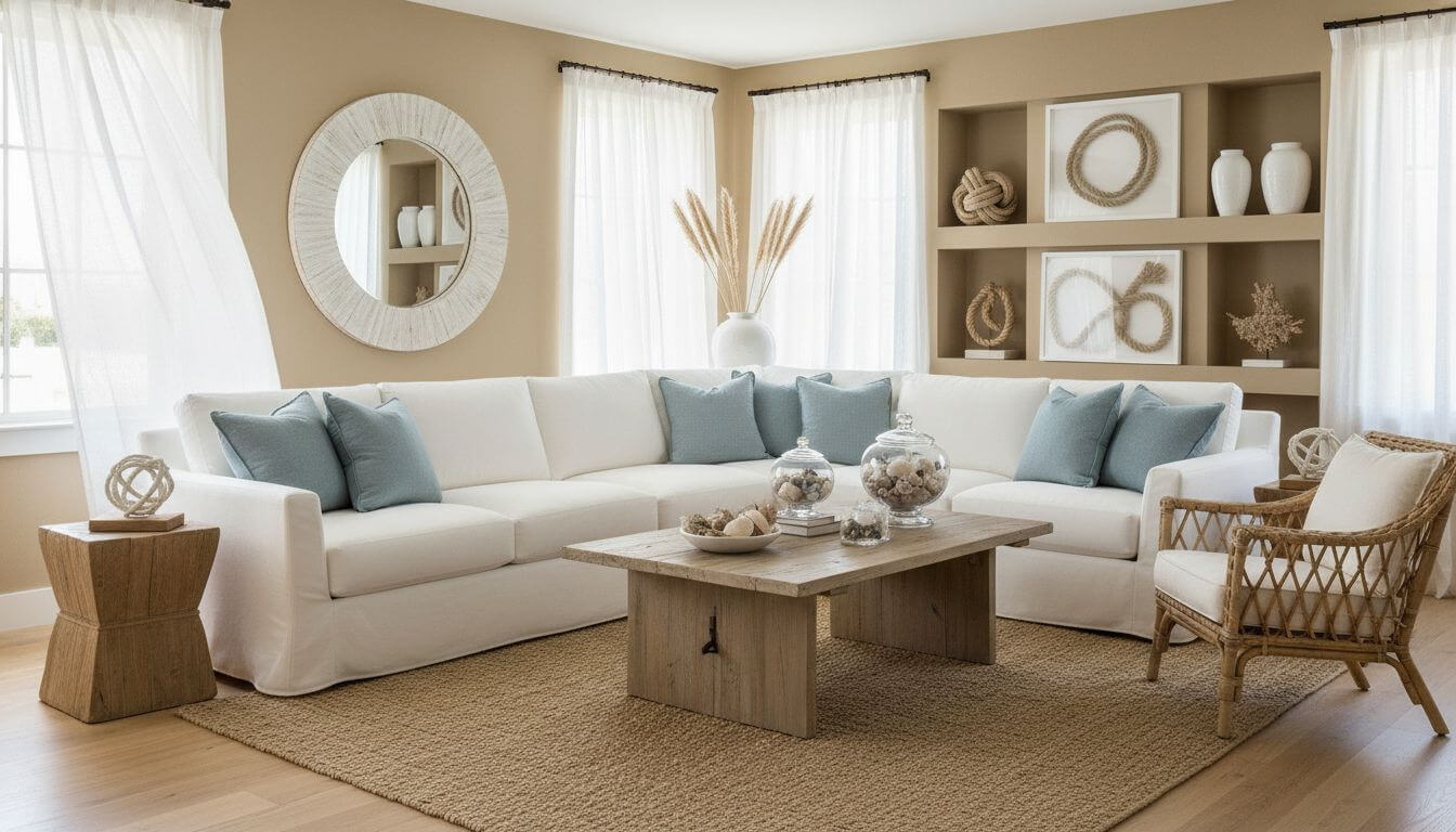 Coastal living room with white slipcovered furniture, blue accents, and natural textures