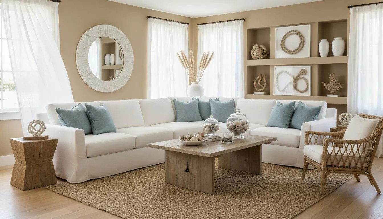 Coastal living room with white slipcovered furniture, blue accents, and natural textures