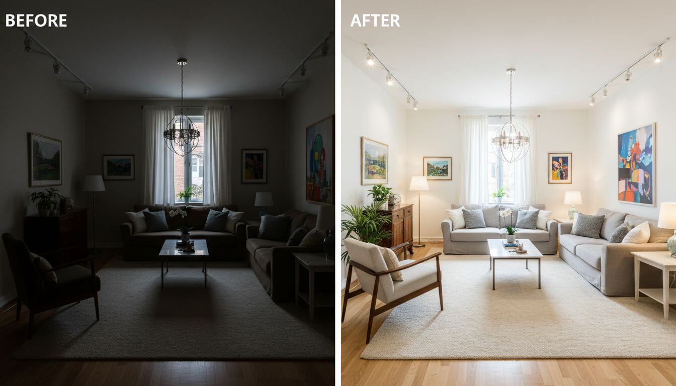 Before and after transformation of dark living room to bright, airy space using AI design guidance